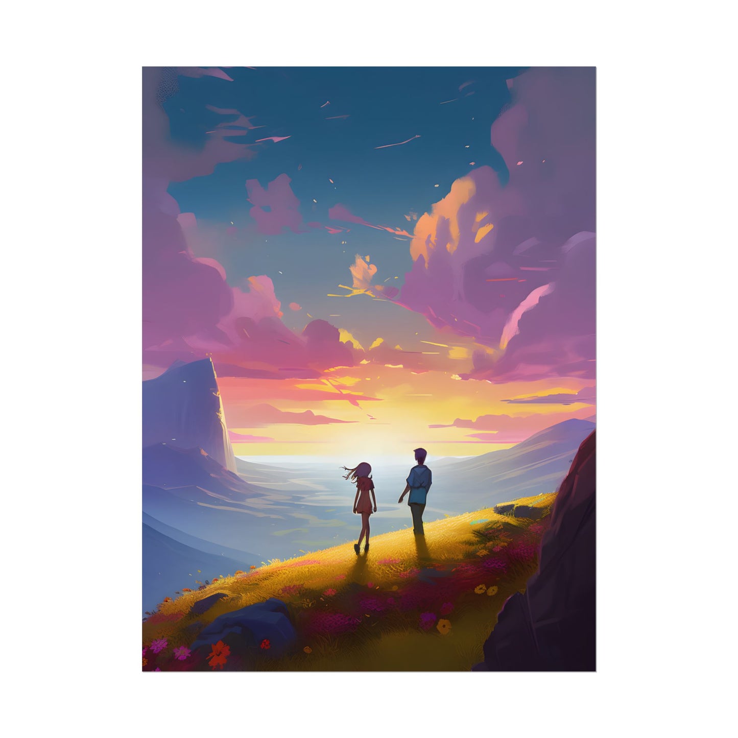 Young Love in a Cloudy Meadow: A Heartwarming Artwork - Poster