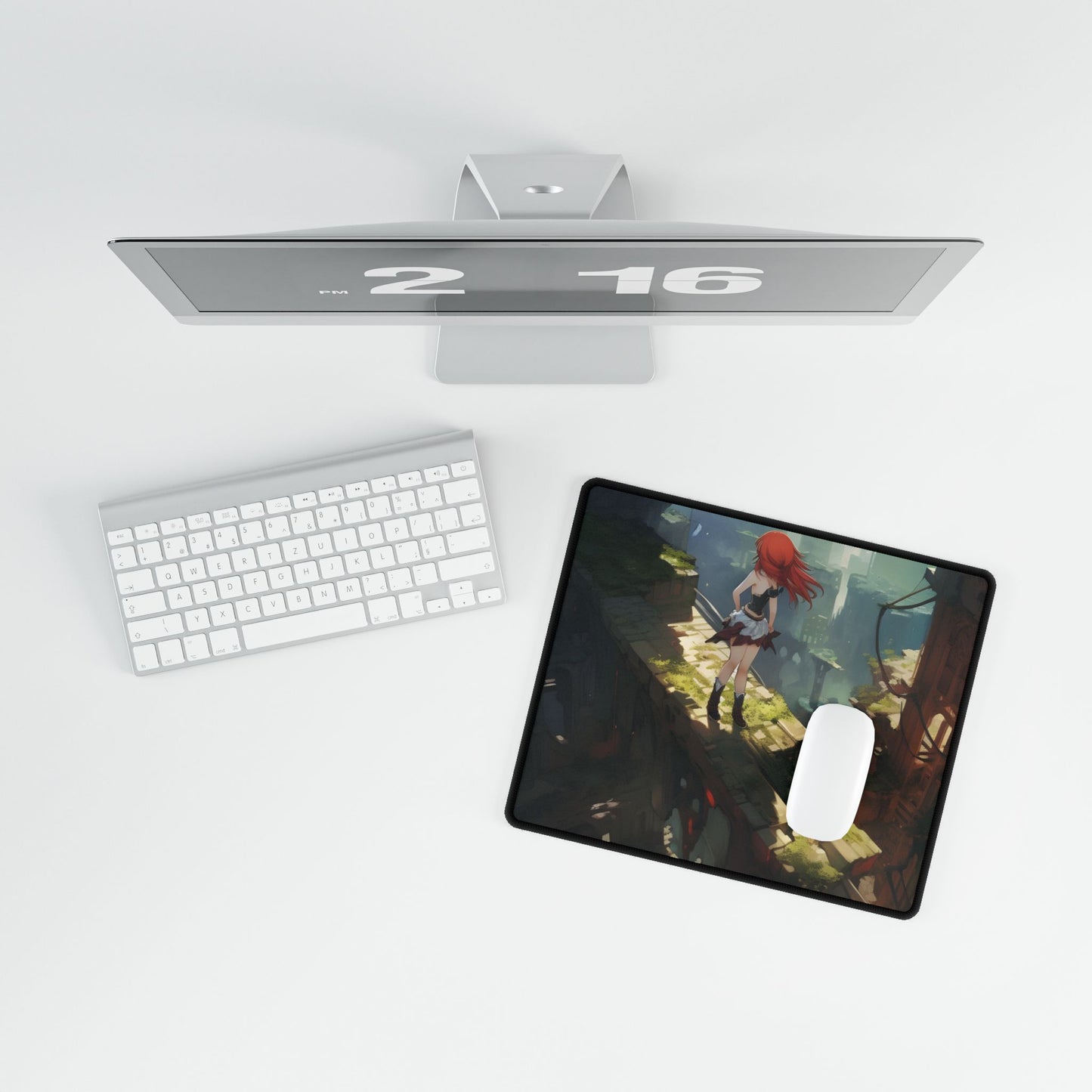 Dramatic Birds Eye View: Anime Red Haired Art in Flight - Desk Mat