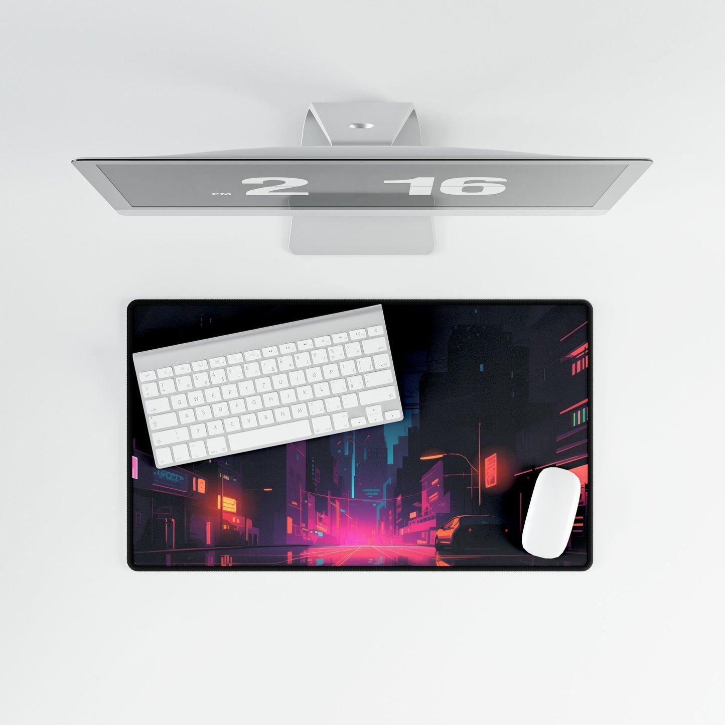 Cyberpunk Night: Moody Cityscape with Unique Architecture - Desk Mat