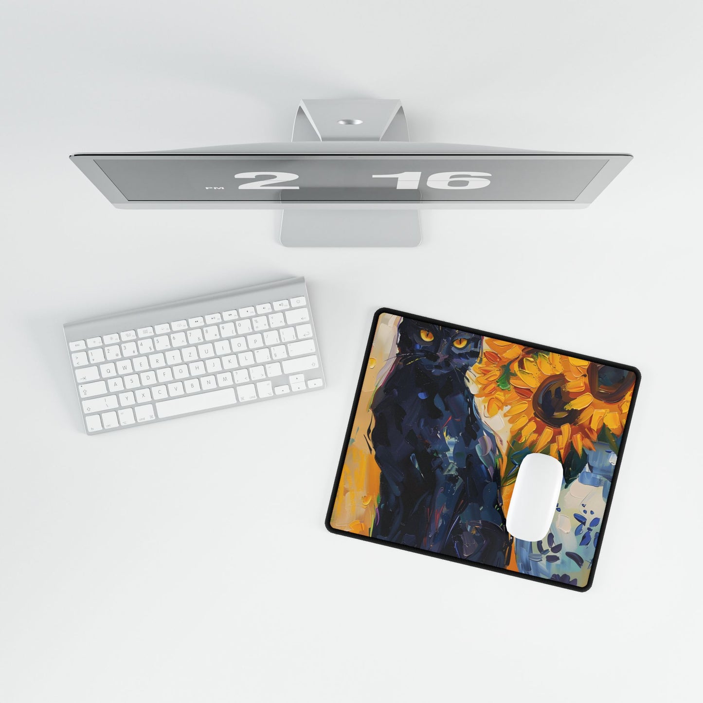 Whiskers by Sunshine: Black Cat in a Blooming Garden - Desk Mat