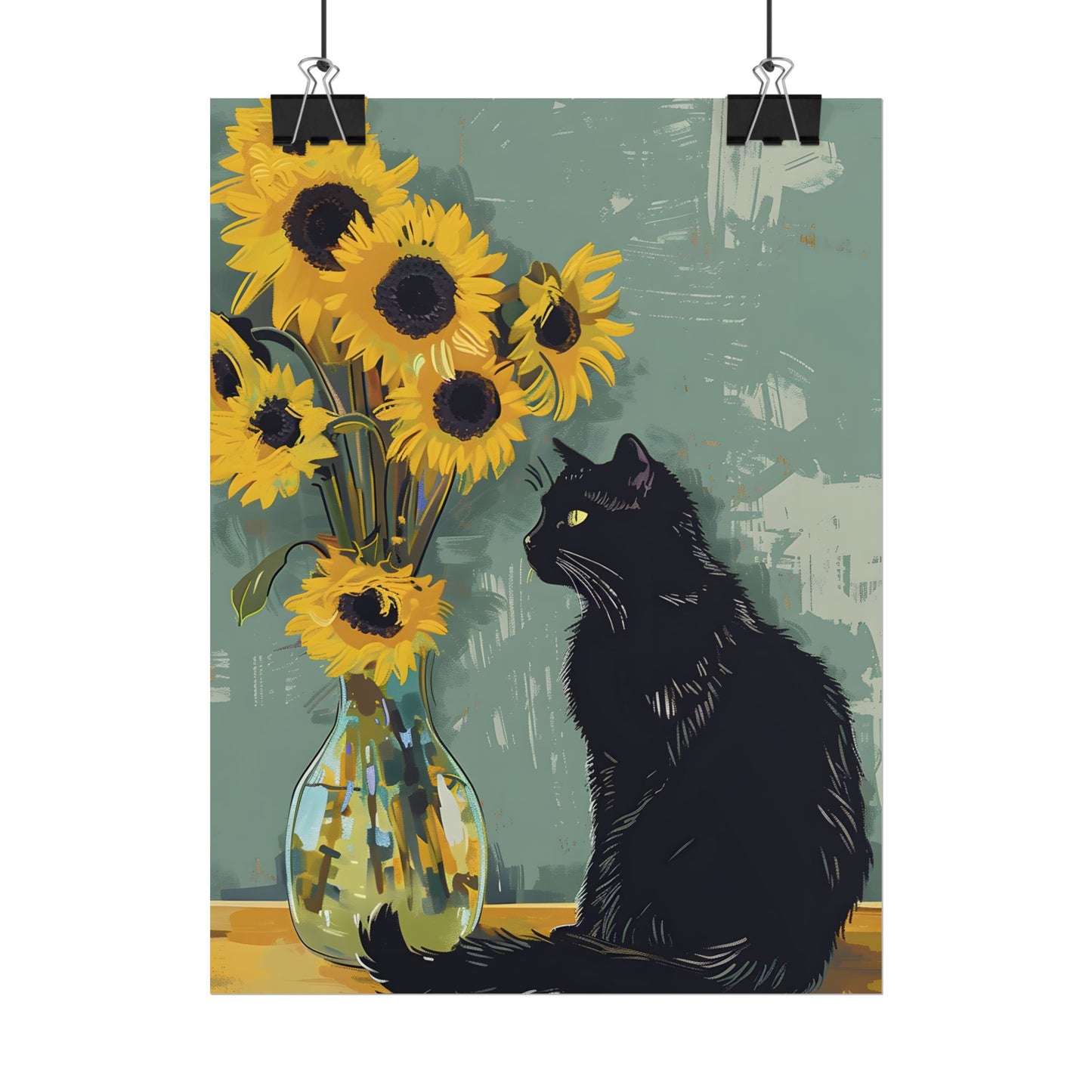 Whispers in the Sun: A Black Cat's Serene Moment with Sunflowers - Poster