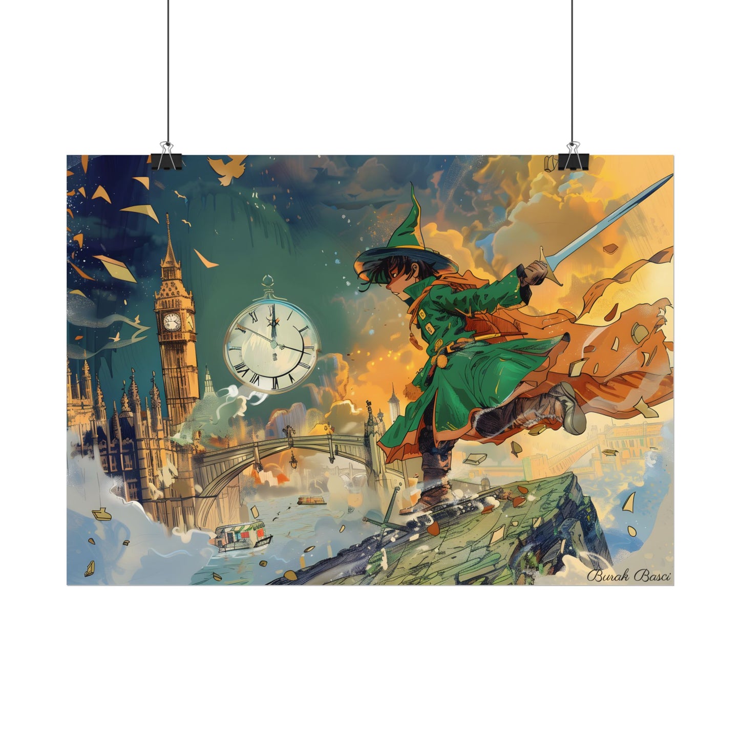 Whimsical Green Tunic Boy: Mischievous Illustration - Poster