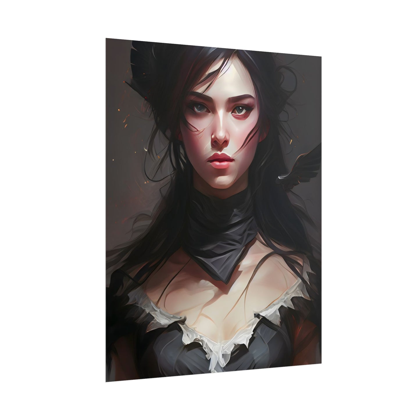 Female Portrait: Black Hair Artwork in Dark Background - Poster