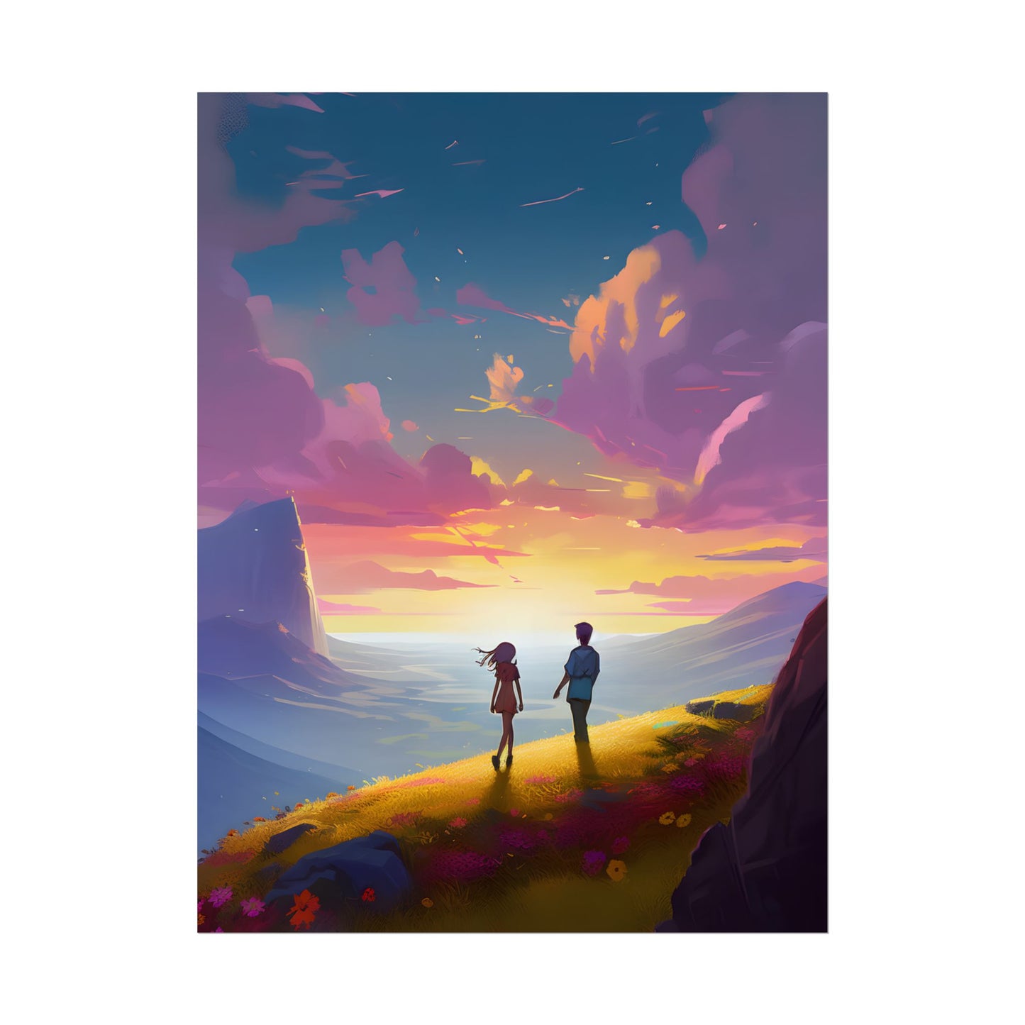 Young Love in a Cloudy Meadow: A Heartwarming Artwork - Poster