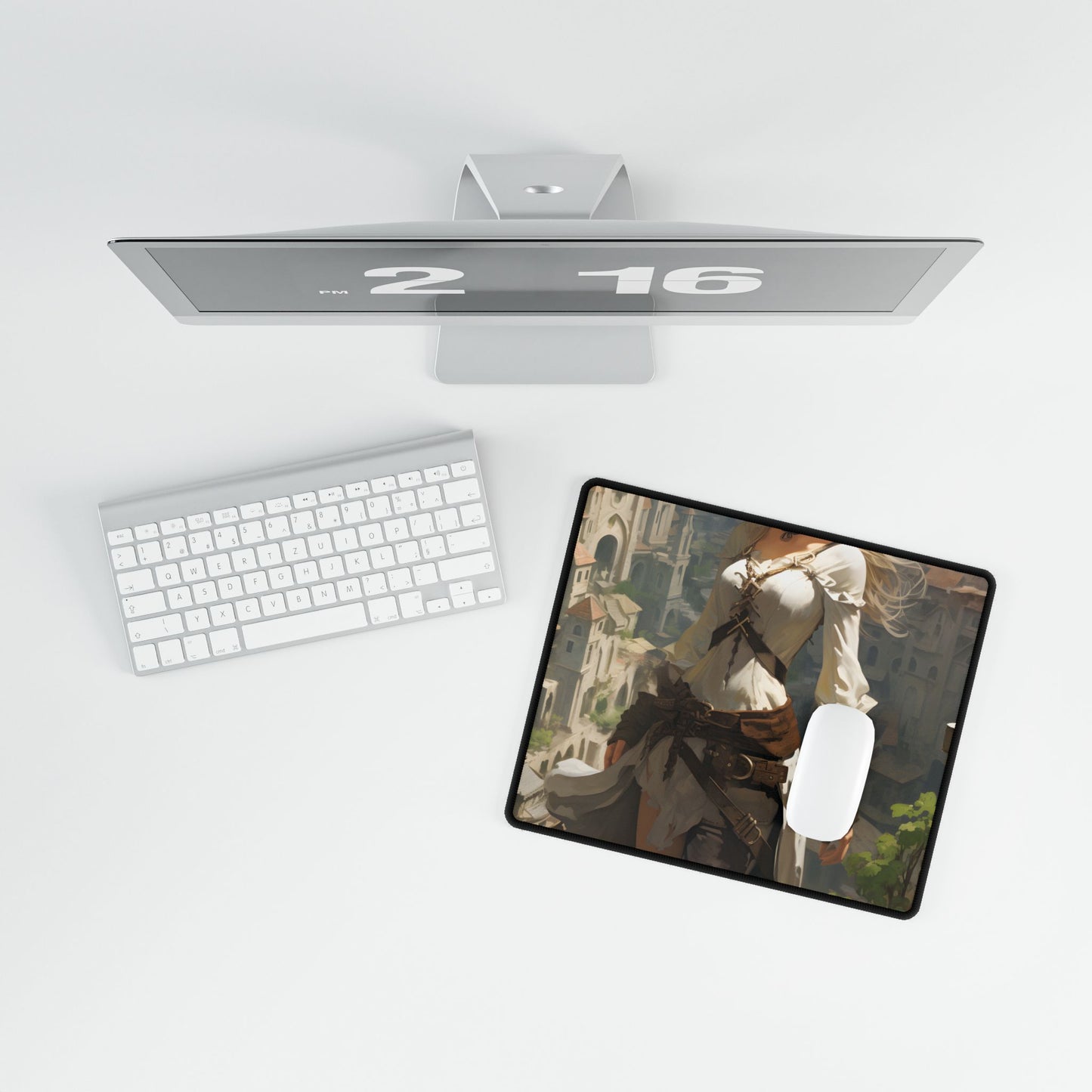 Anime Bird's Eye View Portrait: Blonde Beauty in Motion - Desk Mat