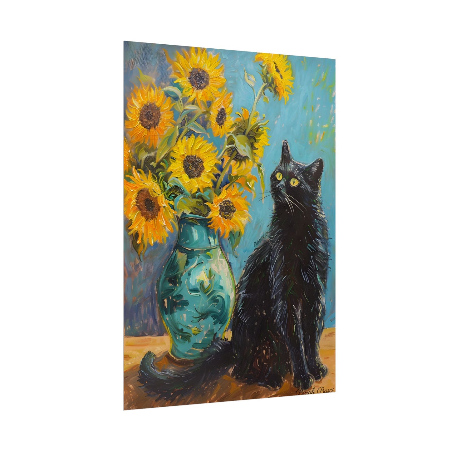 Whispers in the Garden: A Black Cat Among Sunflowers - Poster