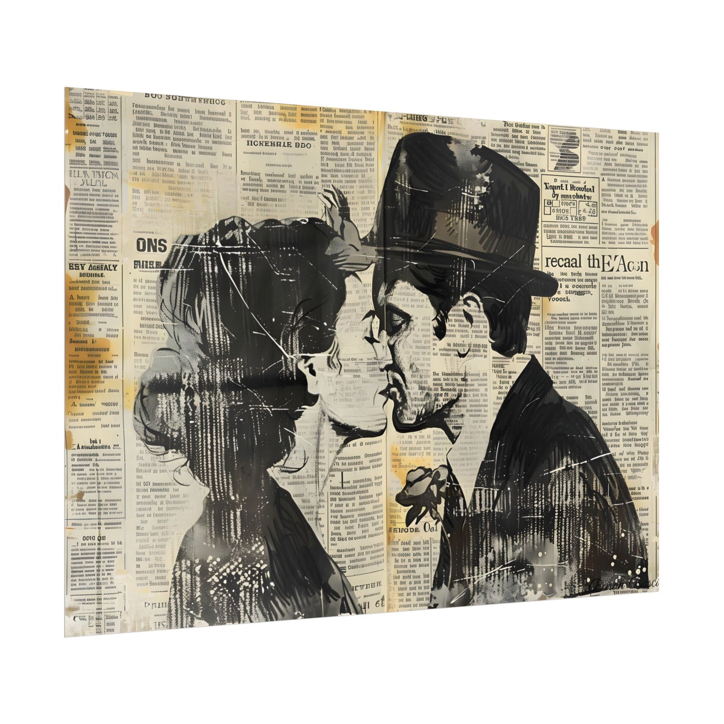 Vintage Romance Couples: Newsprint Artwork - Intimate Moments - Poster