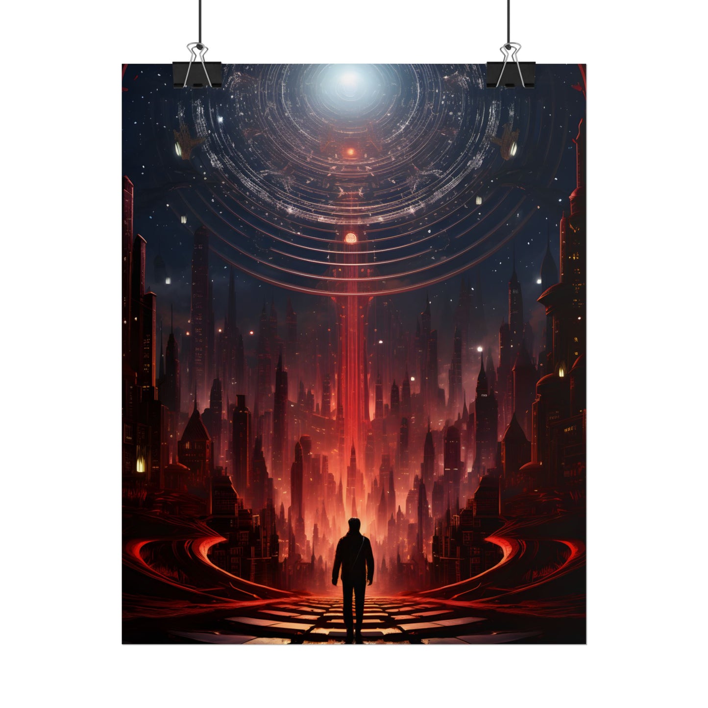 Futuristic Cityscape: Neon Sky Meets Nature's Harmony - Poster
