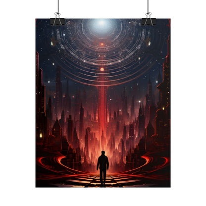 Futuristic Cityscape: Neon Sky Meets Nature's Harmony - Poster