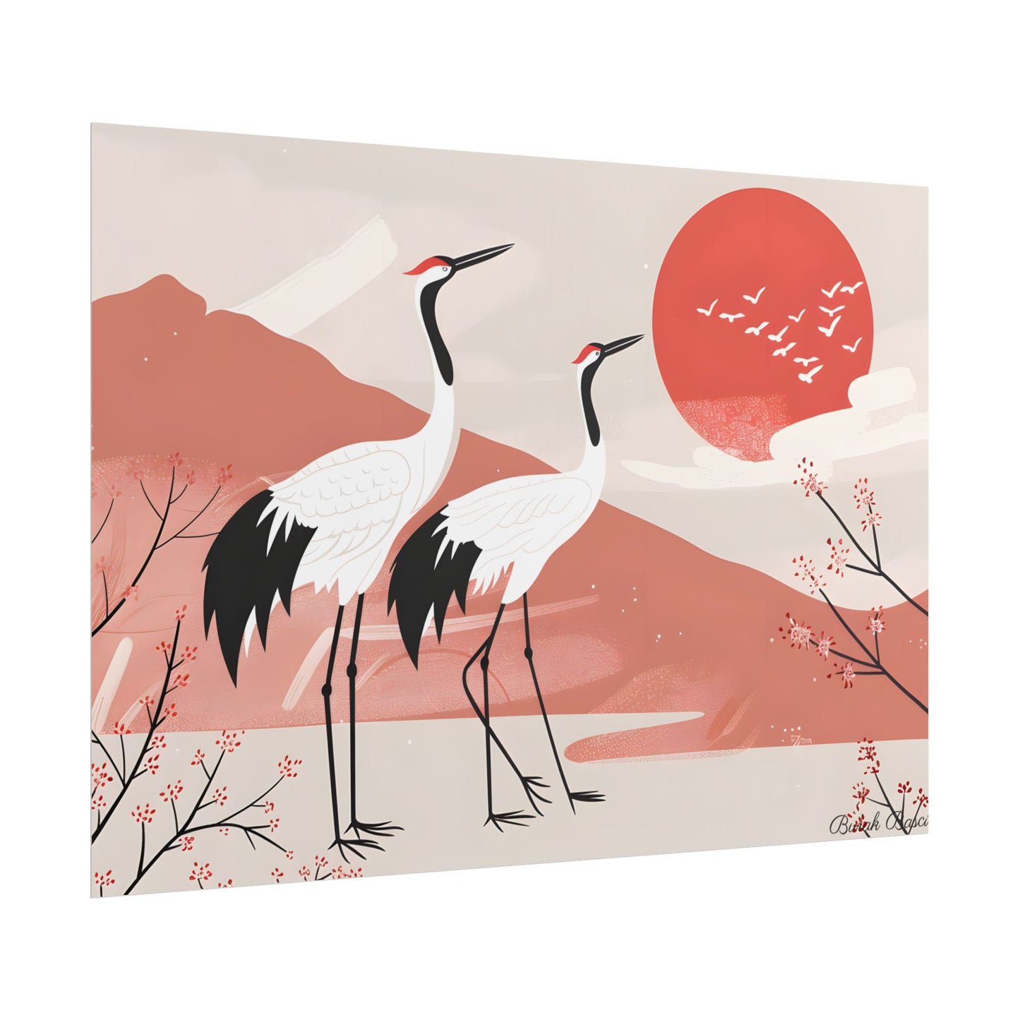 Serene Landscape with Cranes: Peaceful Nature Art - Poster