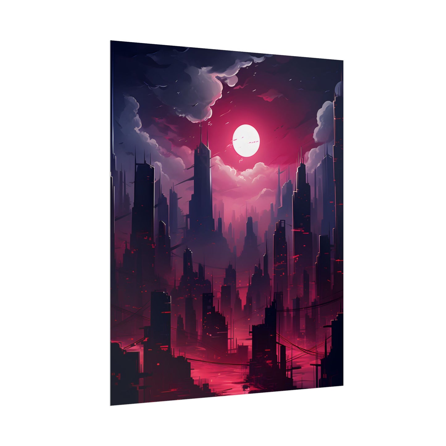 Burning Cyberpunk Cityscape: Digital Artwork at Night - Poster