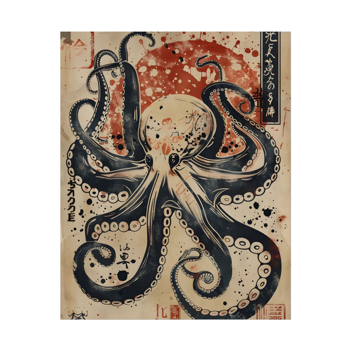 Stylized Octopus: Vibrant Japanese Ukiyo-E Artwork - Poster