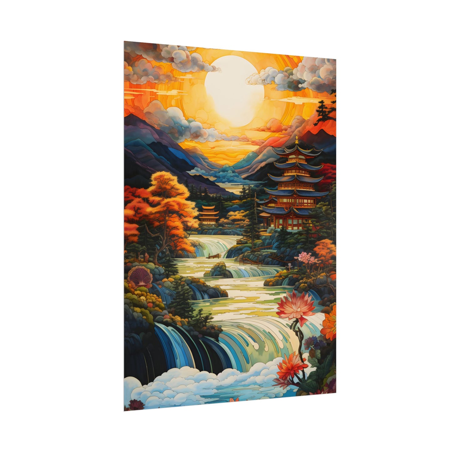 Peaceful Japanese River Landscape with Flowers: Serene Artwork - Poster