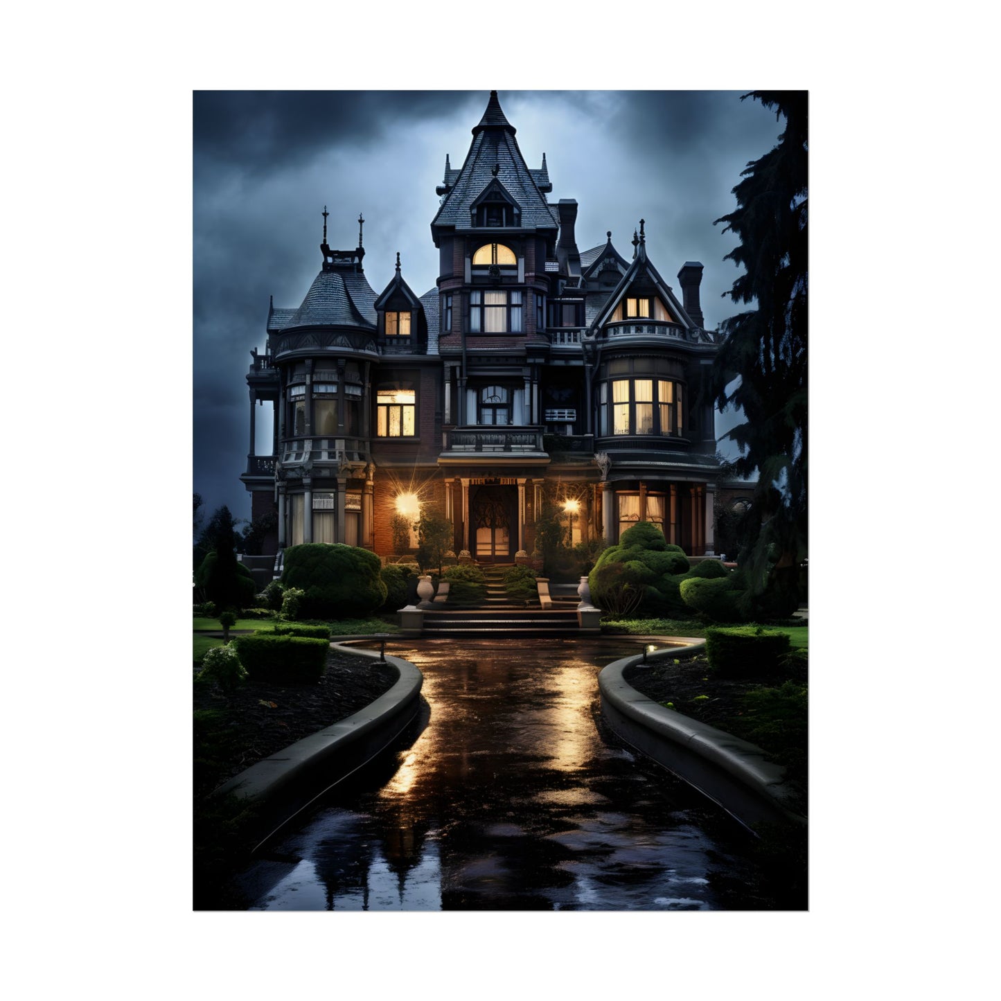Haunted Victorian Mansion: Spooky Stormy Night Art - Poster
