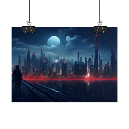 Melancholic Night: A Solo Figure in Cyberpunk Cityscape - Poster