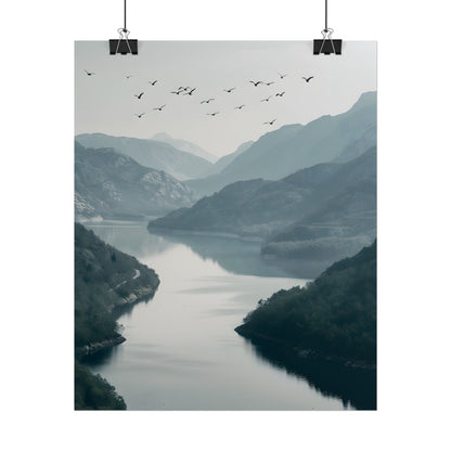 Peaceful Mountain Oasis: Serene Birds Eye View Artwork - Poster