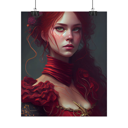 Vibrant Redhead Portrait: Female Artwork in Red Dress - Poster