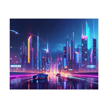 Futuristic City Glow: Neon Lights Digital Art - Poster