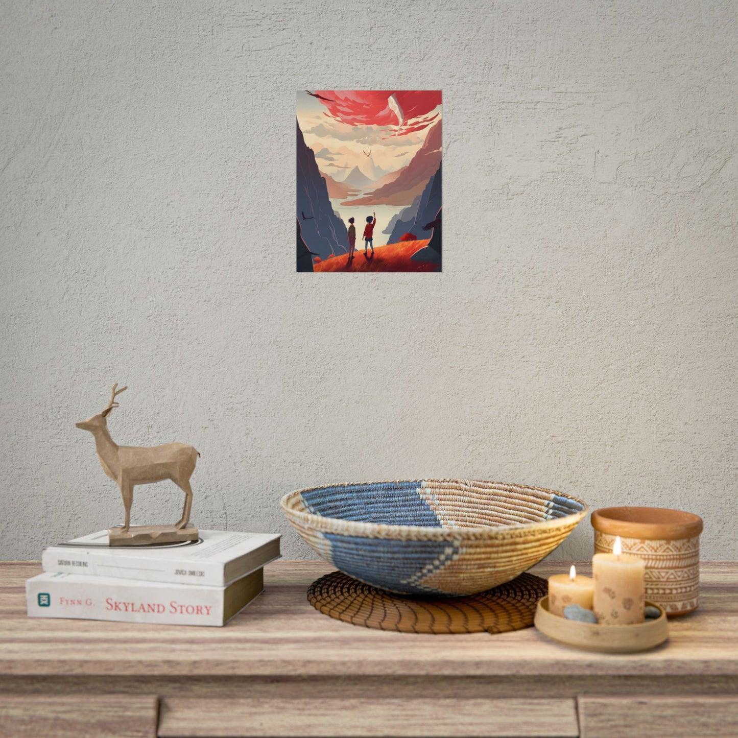 Serene Meadow Scene: Girl & Boy Under Cloudy Sky - Poster