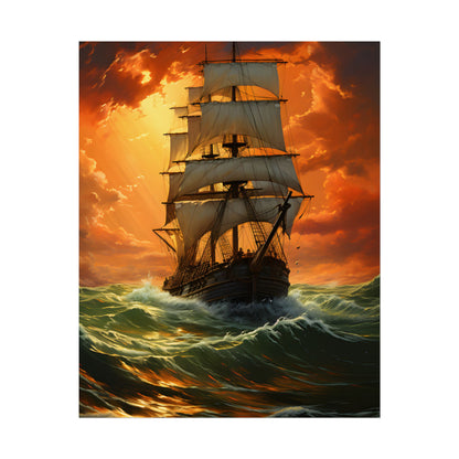 Nature's Serenity: Realistic Oil Painting of a Green Ship - Poster