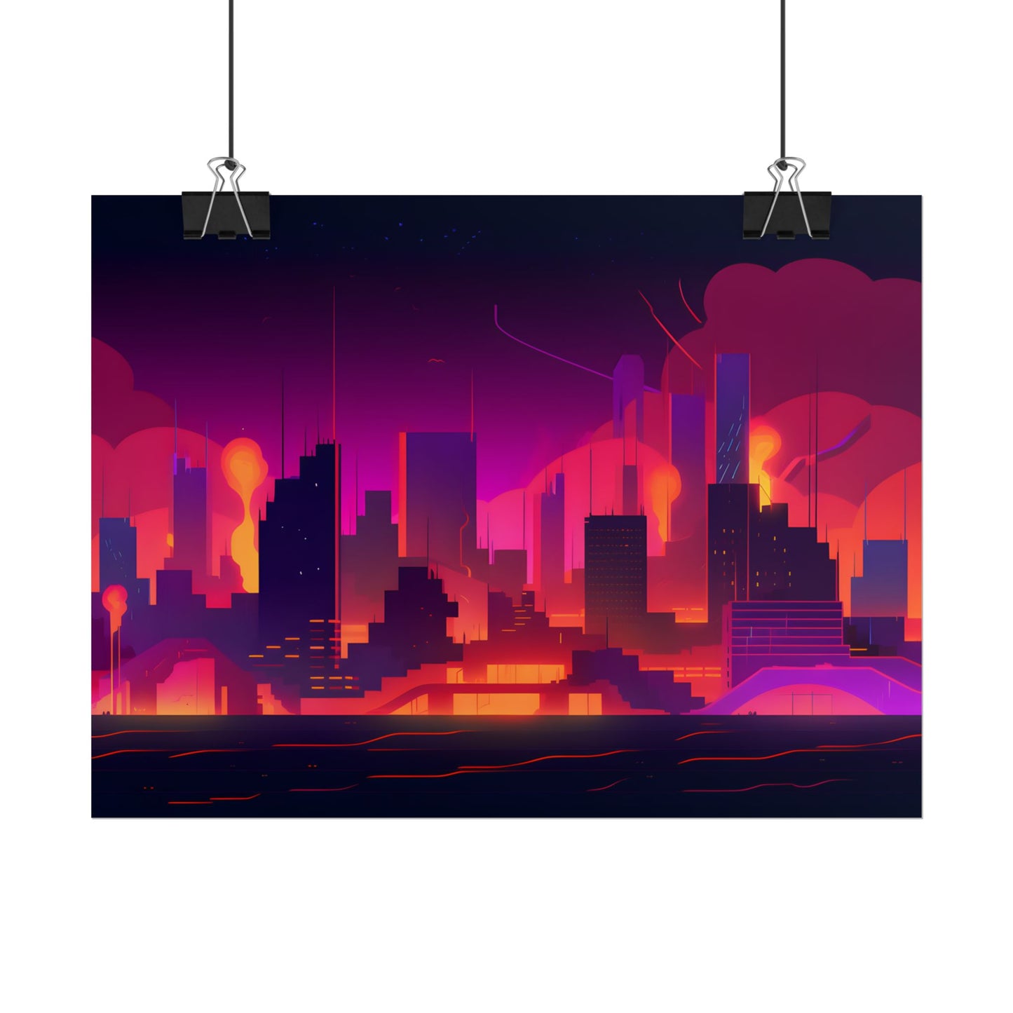 Burning Cyberpunk Cityscape: Nighttime Digital Artwork - Poster