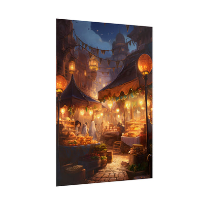 Magical Street Food Market: A Colorful Nighttime Scene - Poster