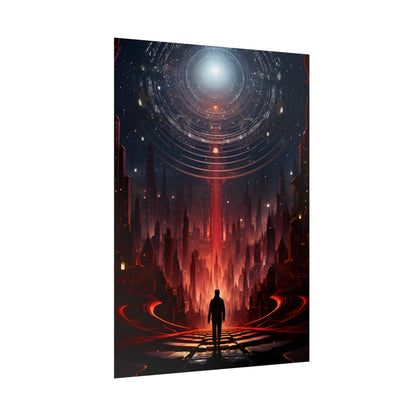 Futuristic Cityscape: Neon Sky Meets Nature's Harmony - Poster
