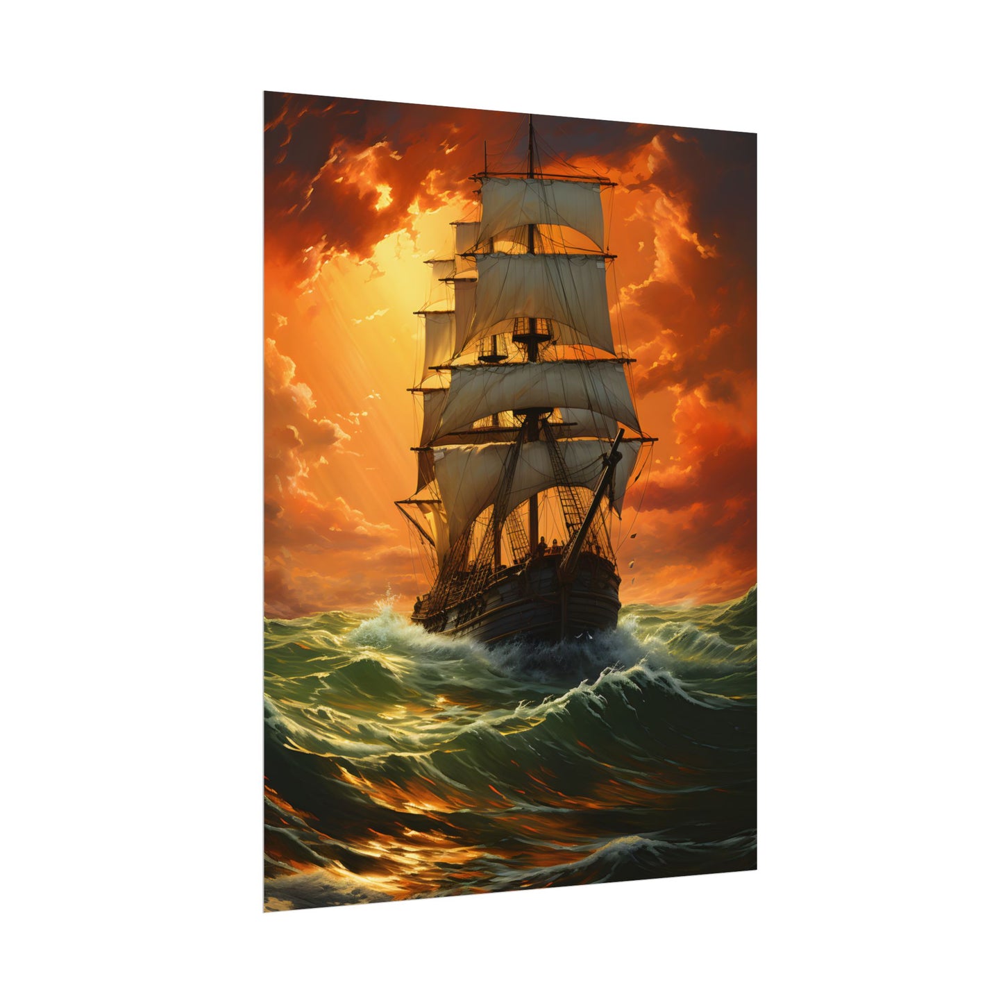 Nature's Serenity: Realistic Oil Painting of a Green Ship - Poster