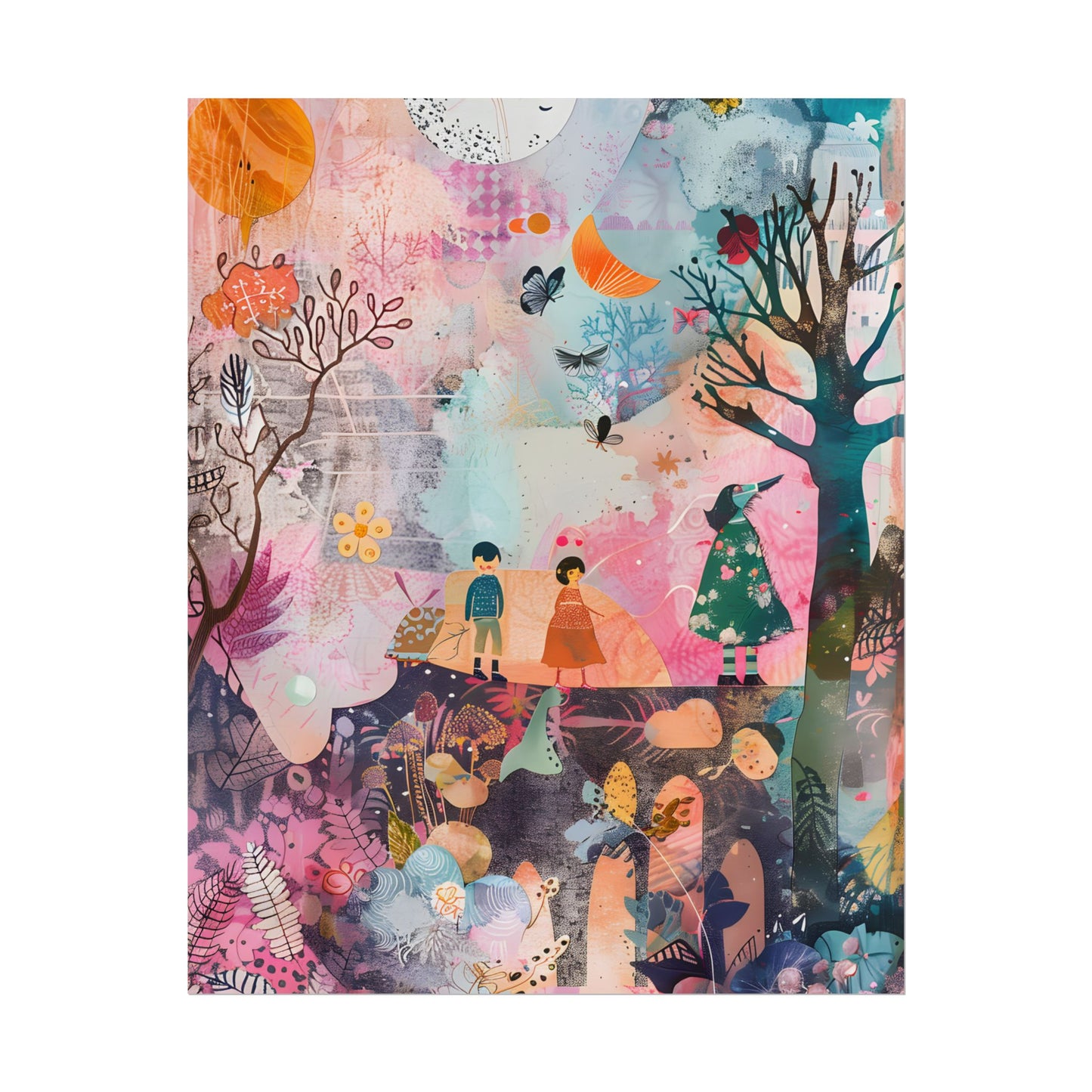 Colorful Whimsy: Blue Fish, Yellow Bird, Pink Cat Art Collage - Poster