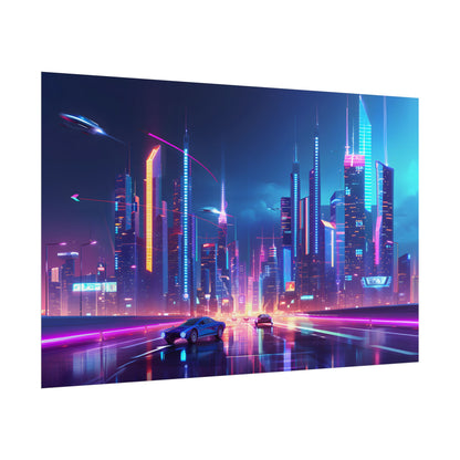 Futuristic City Glow: Neon Lights Digital Art - Poster