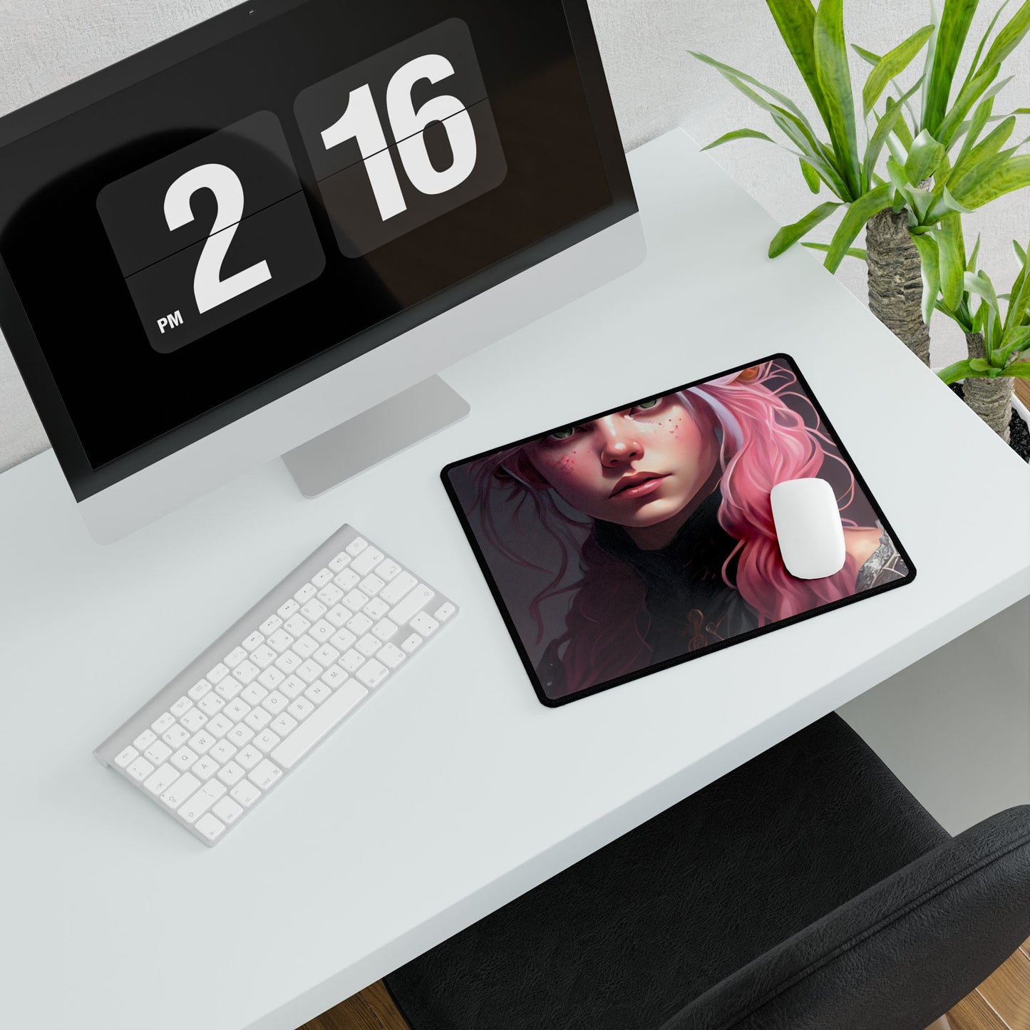 Astonishing Pink Hair Portrait: Confident Female in Dreary Background - Desk Mat