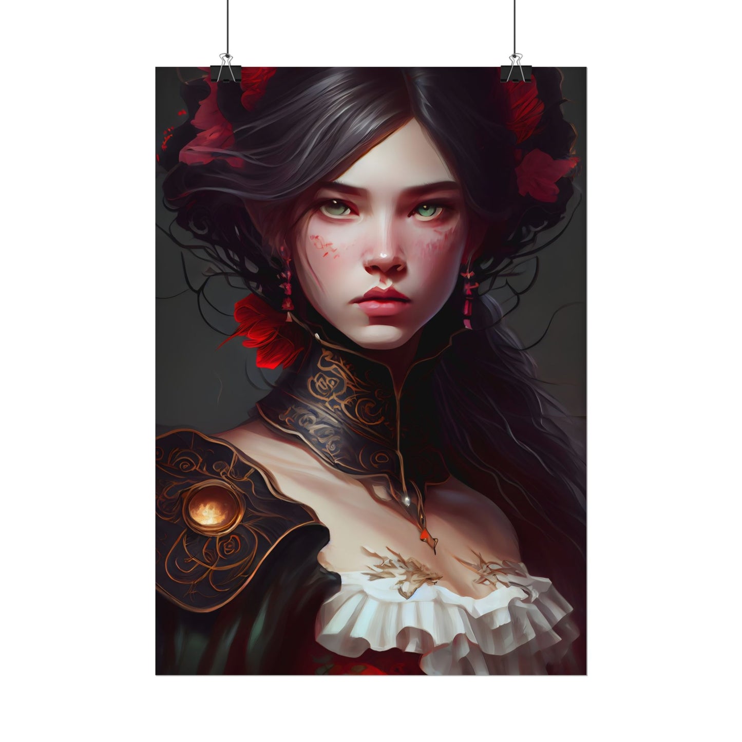 Elegant Black Hair Portrait in White Dress - Poster