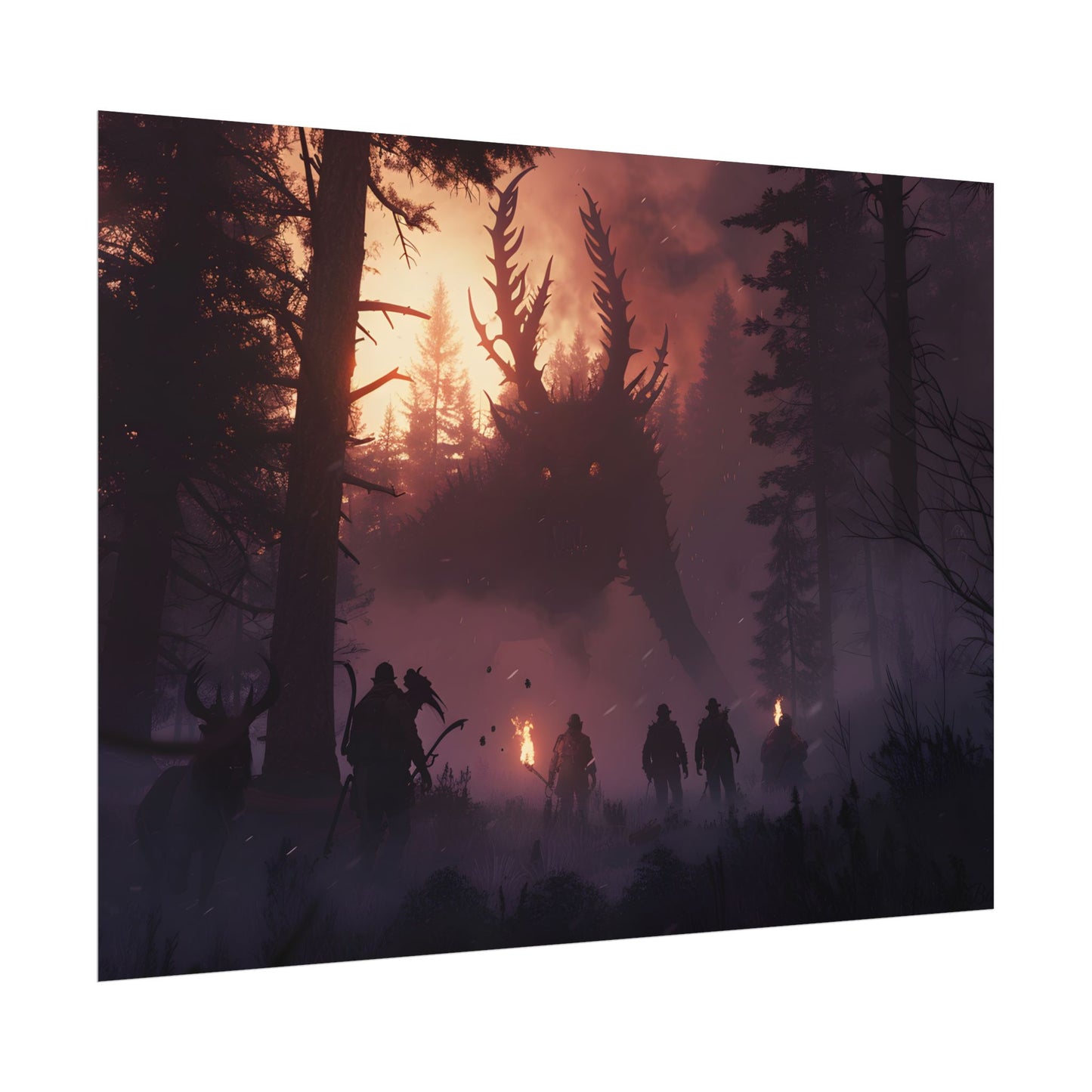 Serene Forest Sunset: Group Walking Through Misty Landscape - Poster