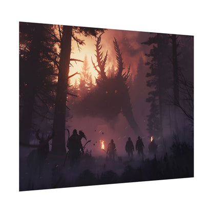 Serene Forest Sunset: Group Walking Through Misty Landscape - Poster