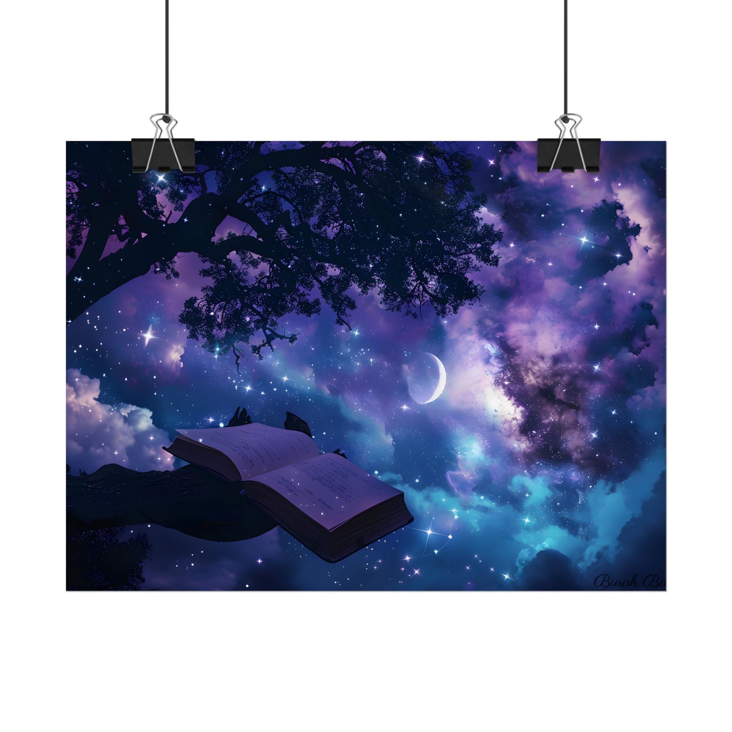 Mystical Night Sky: Celestial Dreams with Crescent Moon Art - Poster