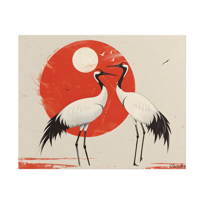 Serene Wildlife Sanctuary: Cranes in Red Nature Scene Art - Poster