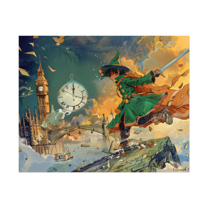 Whimsical Green Tunic Boy: Mischievous Illustration - Poster