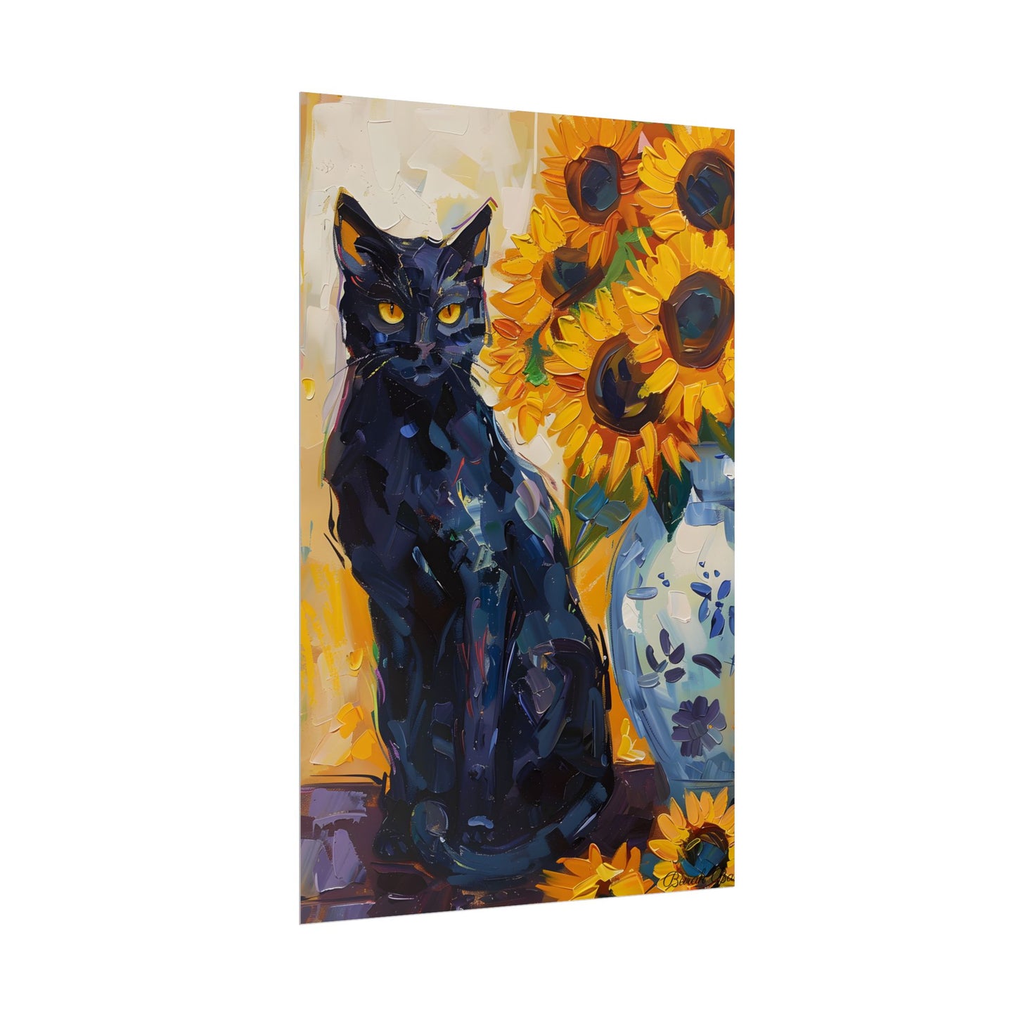 Whiskers by Sunshine: Black Cat in a Blooming Garden - Poster