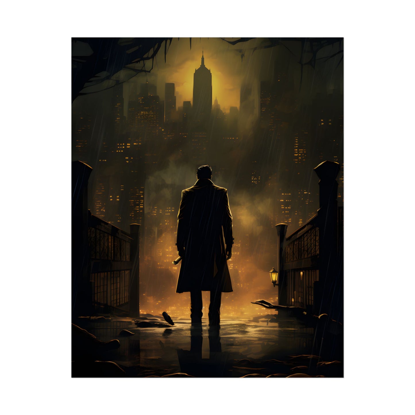 Urban Fantasy Detective: Moody City Skyline Reflection - Poster