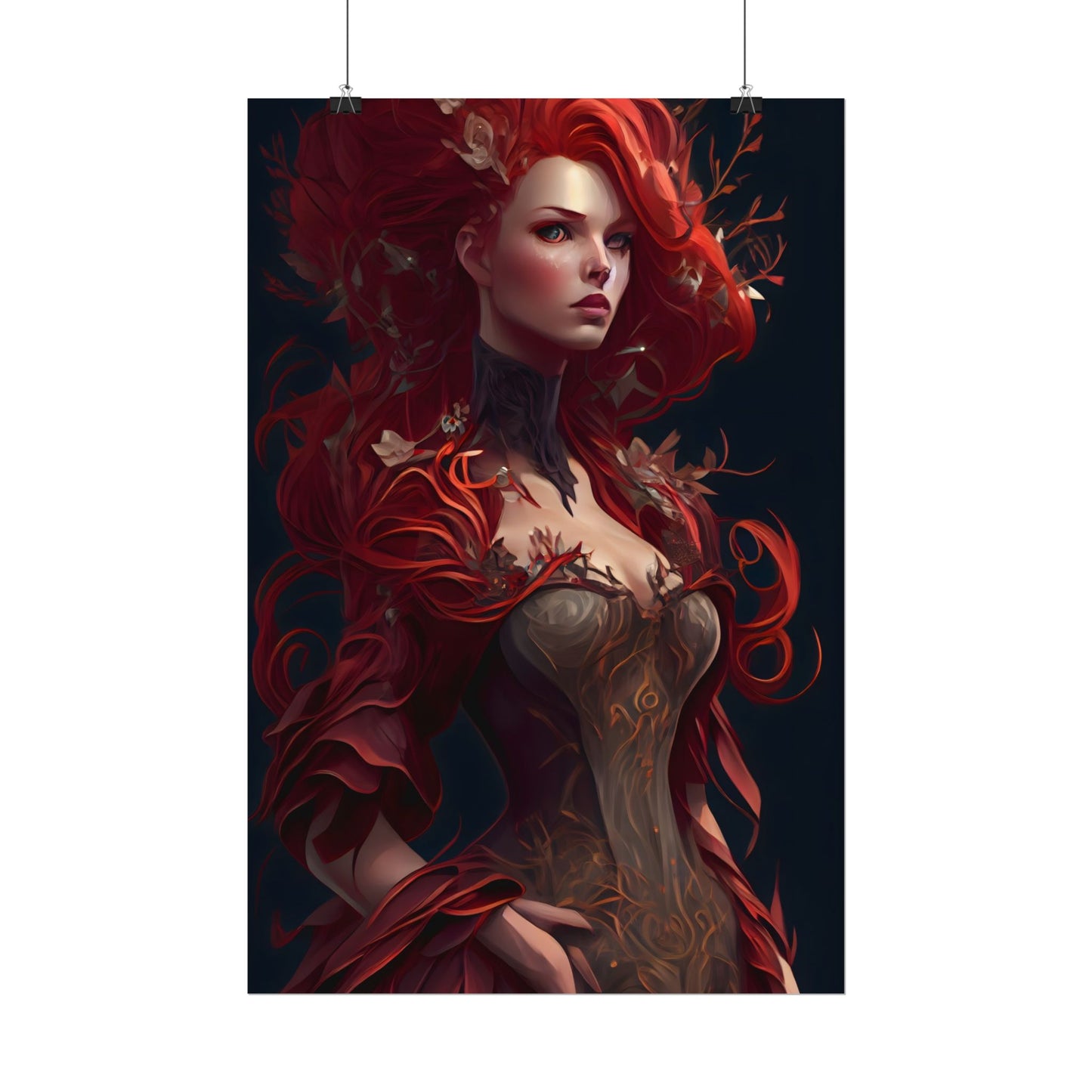 Red Hair Portrait: Elegant Female in Black Dress - Poster