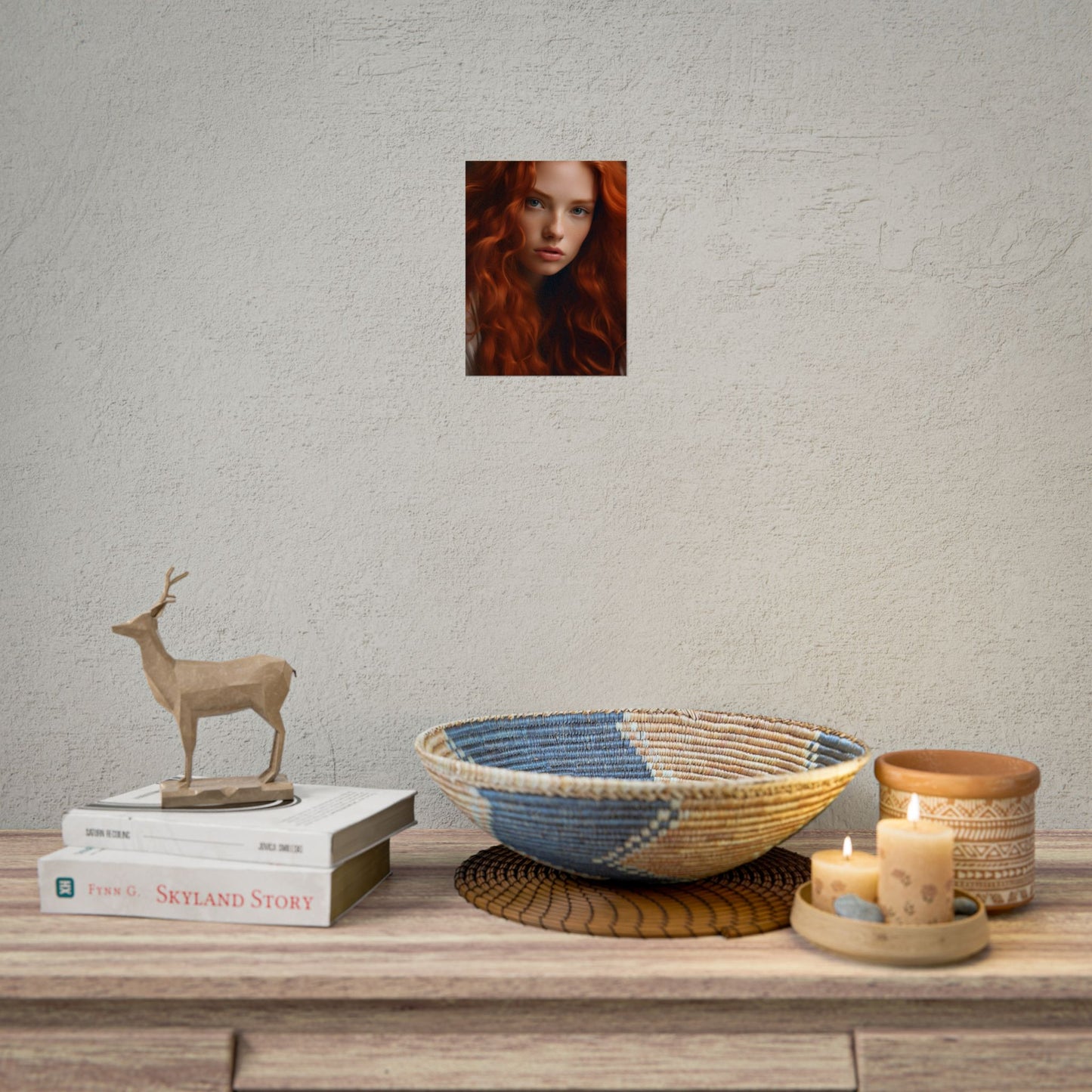 Feminine Portrait: Redheaded Woman in Light Blue - Poster