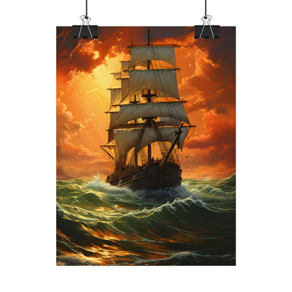 Nature's Serenity: Realistic Oil Painting of a Green Ship - Poster