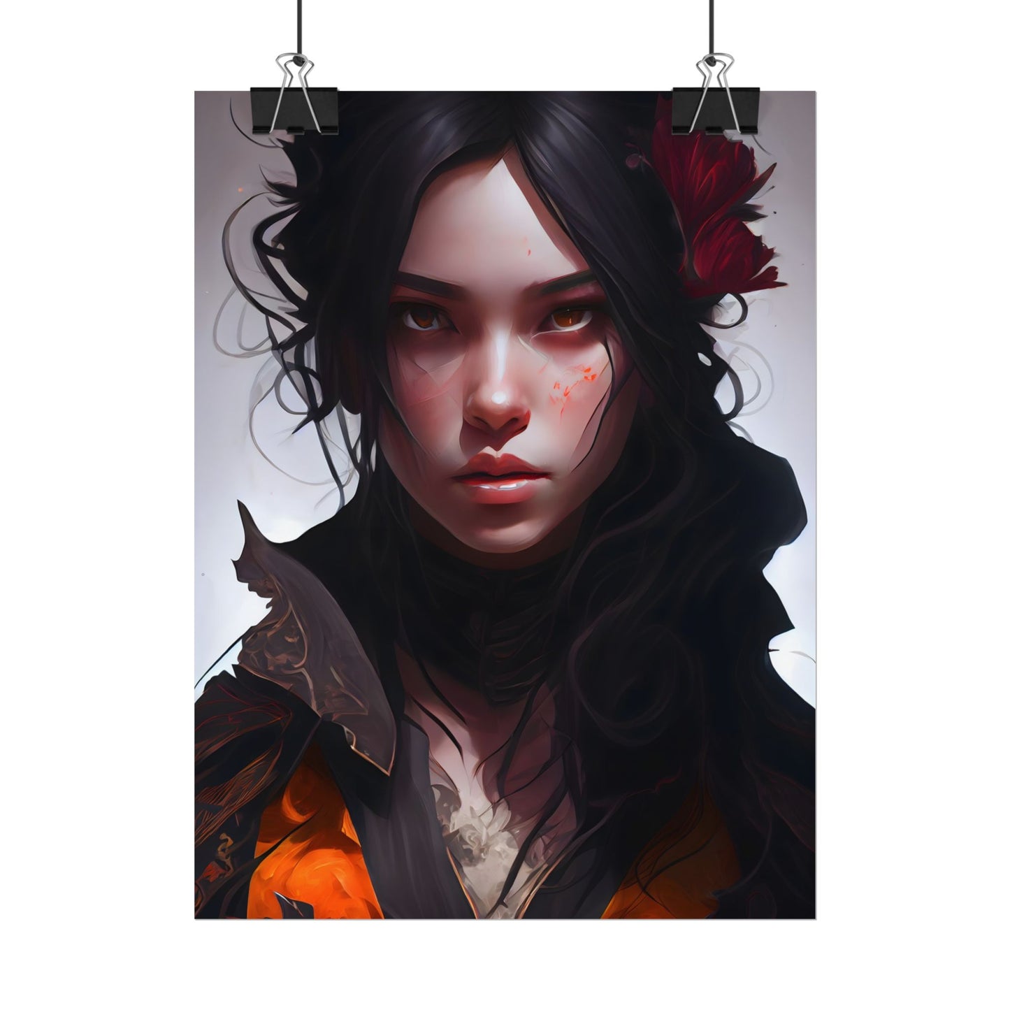 Black Hair Female Portrait: Elegant Dress Artwork - Poster