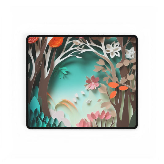 Vibrant Japanese Paper Quilled Landscape: Serene Blue River Scene - Desk Mat