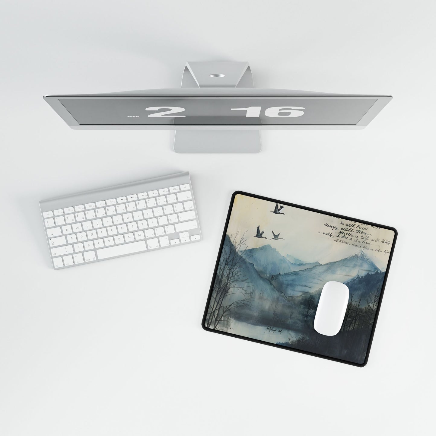 Nature's Serenity: Mountain Lake Birds in Flight Artwork - Desk Mat