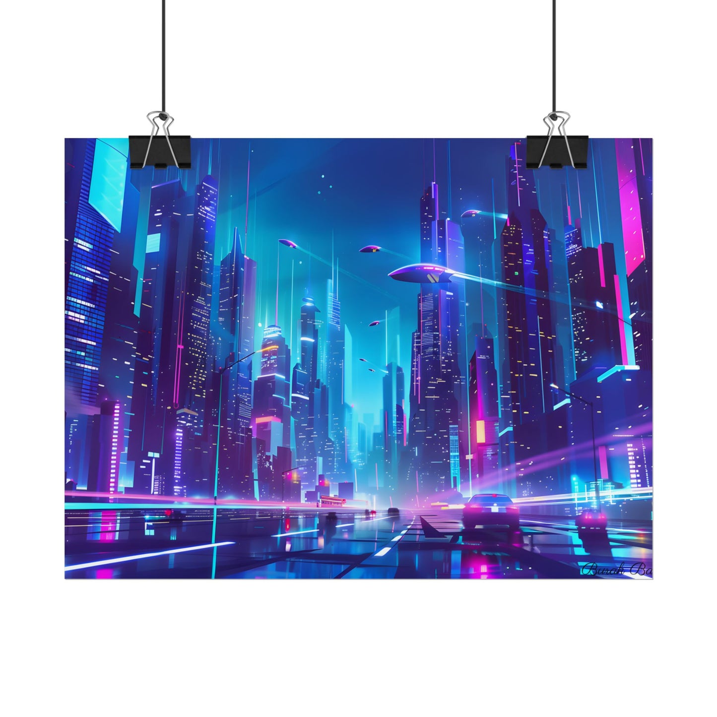 Futuristic Neon City: Towering Skyscrapers in a Vibrant Nighttime Sky - Poster