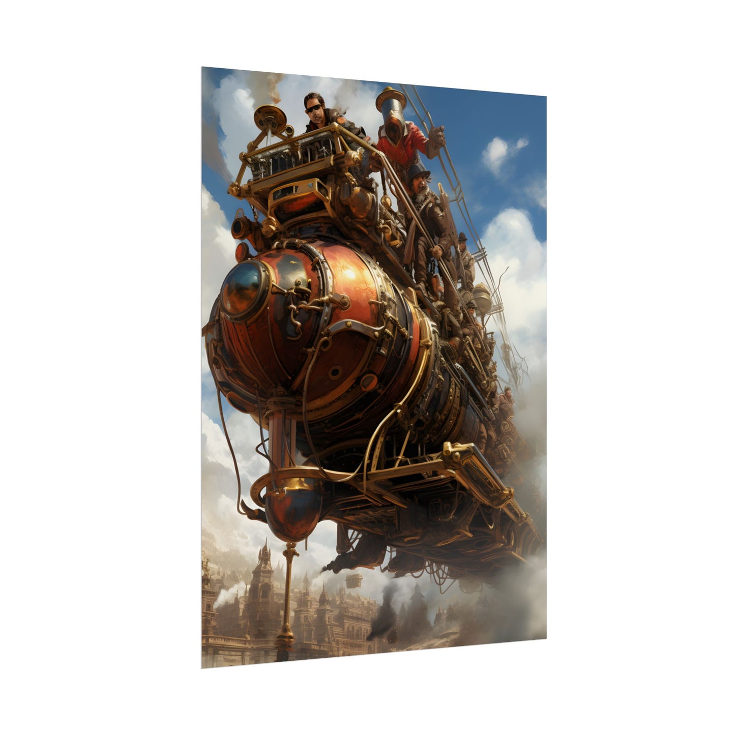 Thrilling Steampunk Sky-Liner: Racing Steam Locomotive on Colum - Poster