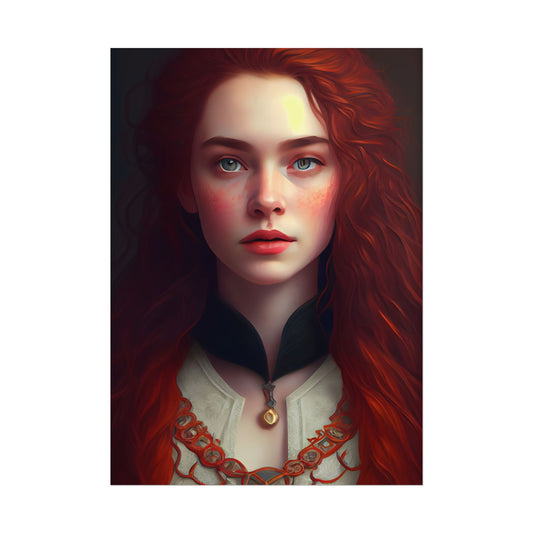 Redheaded Beauty in Red: Elegant Portrait Art - Poster