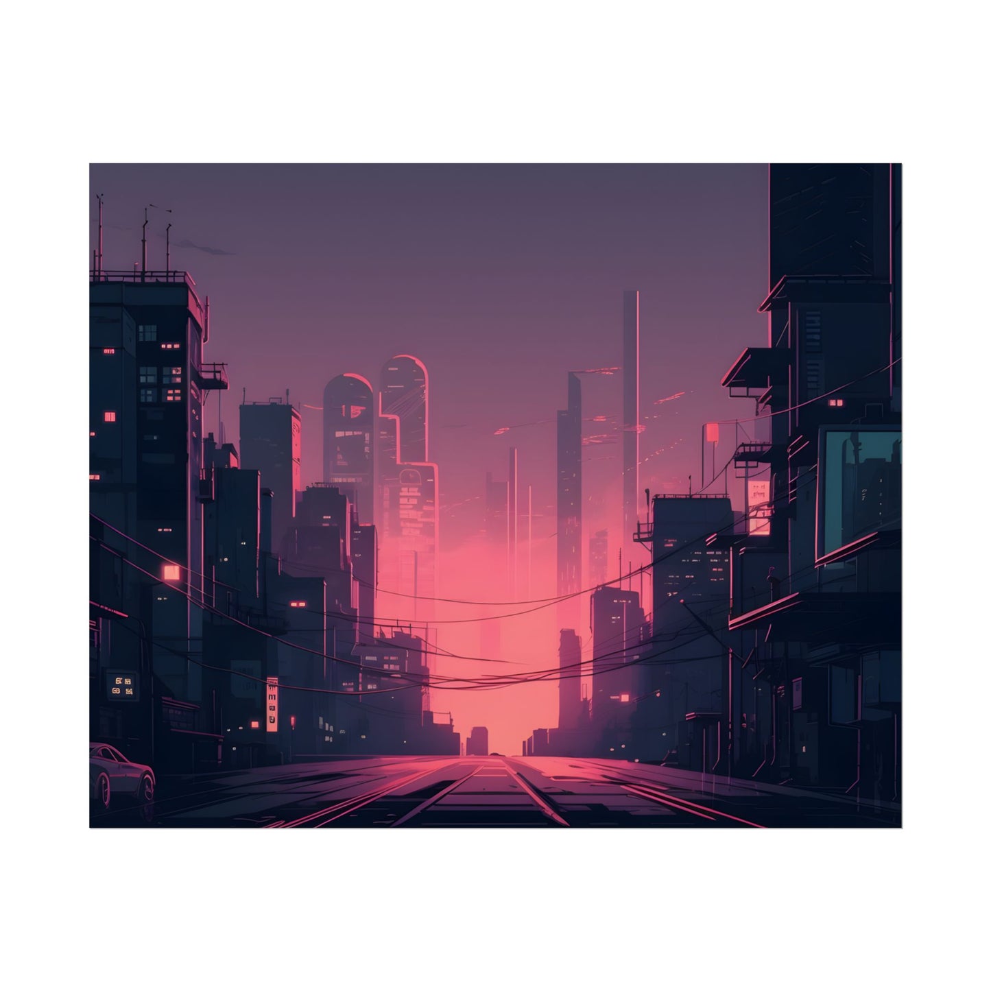 Cyberpunk Nighttime Cityscape: Melancholic Mood - Poster