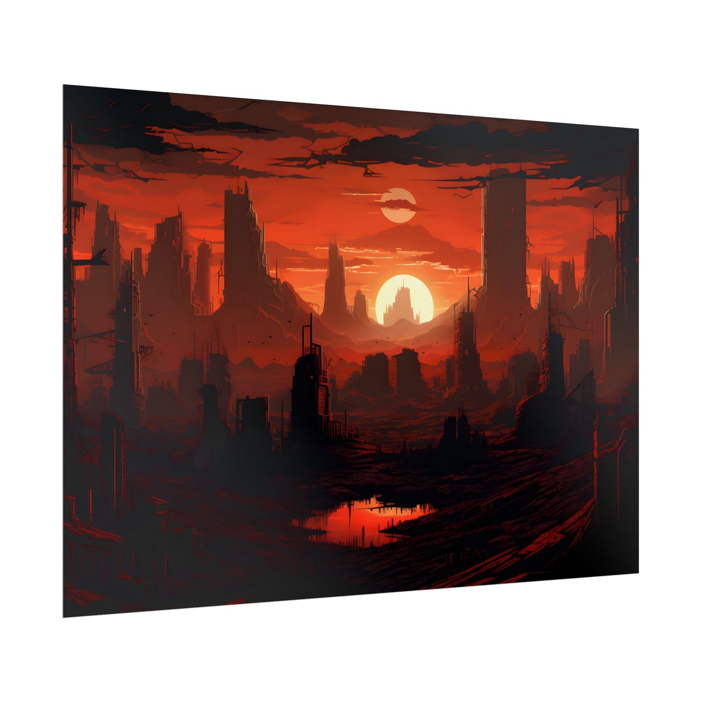 Cyberpunk Nighttime Cityscape: Burning City Digital Art - Poster